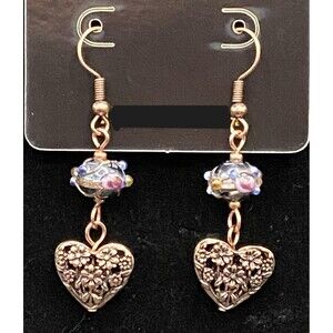 Floral Motif Heart with Pink Yellow & Blue Glass Bead Earrings by Neanie-Bot